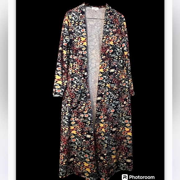 Lularoe Sarah Black Multi-Color Sz Large Floral Long Open Cardigan with Pockets - Picture 3 of 5